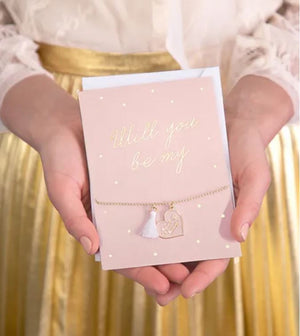 Karte mit Armband "Maid of Honor" rosa gold | Trauzeugin fragen Geschenk
