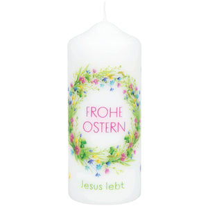 Kerze Frohe Ostern Blütenkranz 12 cm
