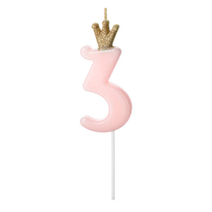 Kuchenkerzen Zahl 3 mit Krönchen 9,5cm rosa