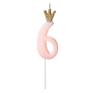 Kuchenkerzen Zahl 6 mit Krönchen 9,5cm rosa