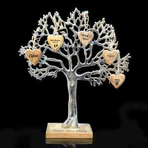 Lebens Baum aus Metall 42cm mit 5 gravierten Holzherzen