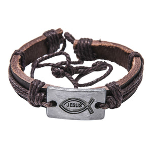 Leder Armband mit Metallplatte Fisch/Jesus verstellbar