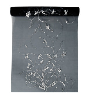 Schwarzer Organza  bedruckt  9m x 36cm | silberner Brokat