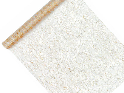 Organza bedruckt 9m x 48cm, goldener Brokat Blätterdesign