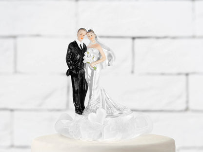 Tortenfigur "Brautpaar stehend  mit Herzen und Satin" weiß