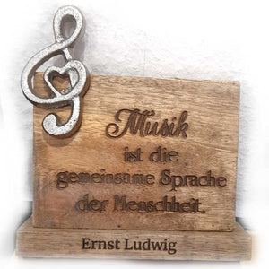 Holzbild mit Notenschlüssel, Spruch und individueller Gravur auf dem Sockel