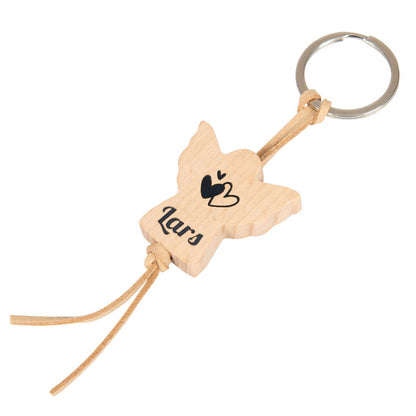 Personalisierter Schlüsselanhänger Holz Engel mit Lederband