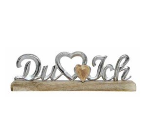 Du und Ich Deko Schriftzug 33cm mit großem Metallherz und kleinem Holzherz