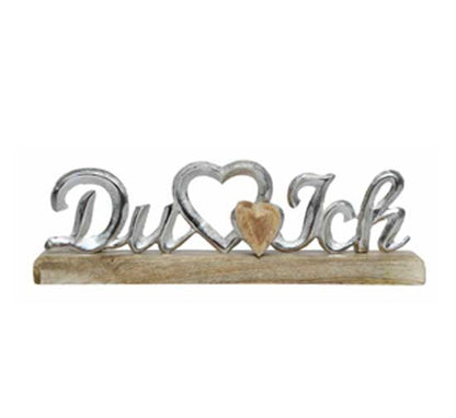 Du und Ich Deko personlisierter Schriftzug 33cm mit großem Metallherz und kleinem Holzherz