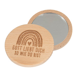 Kleiner Taschenspiegel Regenbogen aus Holz "Gott liebt dich so wie du bist"