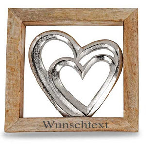 Wanddeko Metallherzen 20x20cm im gravierten Holzrahmen