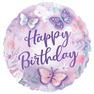 Folienballon rund Happy Birthday Schmetterlinge lila/rosa