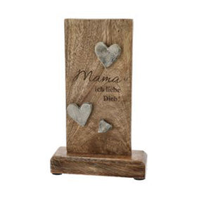 Stele aus Mangoholz mit kleinen silbernen Herzen und Text "Mama ich liebe dich"