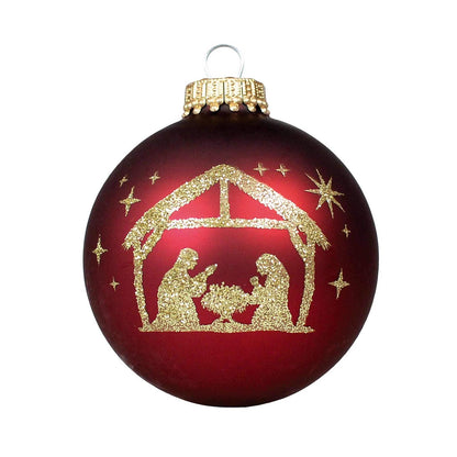 Christbaumkugel rot mit goldfarbenem Glitzerdruck Krippenmotiv | Besondere Weihnachtskugeln Glas