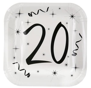 Black & White Teller mit Zahl 20 Geburtstags Deko