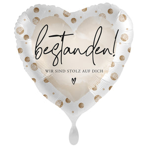 Folienballon Herz weiss/gold "Bestanden! Wir sind stolz auf dich"