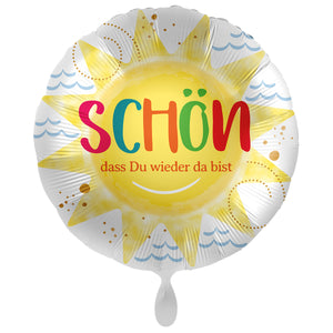 Folienballon rund mit fröhlicher Sonne  "Schön, dass du wieder da bist"