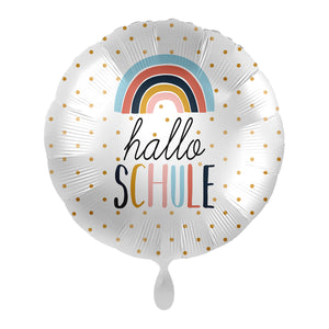 Folienballon rund mit Regenbogen und Punkten "Hallo Schule"