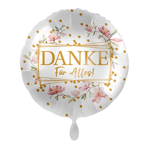 Folienballon weiss mit rosa Blümchen, goldenen Punkten und goldener Schrift "Danke für Alles!"