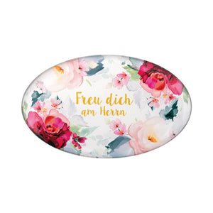 Magnet mit Pfingstrosen Motiv  9 x 5,5 cm  "Freu dich am Herrn"