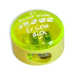 Doppel-Anspitzer Jesus "Er kennt dich - er liebt dich" - gelb