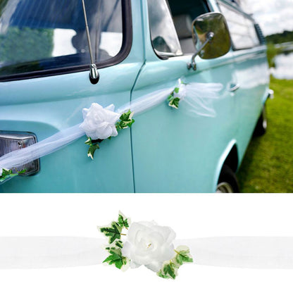 Tüllgirlande mit Satinrosen für die Motorhaube weiß/grün