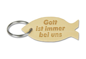 Schlüsselanhänger Fisch aus Leder 6,5cm "Gott ist immer bei uns"