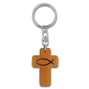 Schlüsselanhänger Holzkreuz Fischsymbol