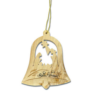 Baumschmuck Krippe in Glocke 8cm Olivenholz