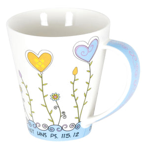 Jumbo Tasse mit Herzblumen Der Herr denkt an uns