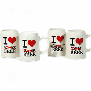 Bierkrug aus Steinzeug weiß, 0,5 l, "I love work...beer"