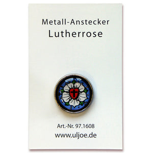 Lutherrose Anstecker aus Metall 1,5 cm mit Karte zur Erklärung der Symbolik