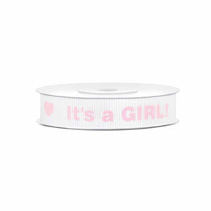 Ripsband 12 mm It's a GIRL weiß / rosa 10m