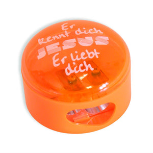 Doppel-Anspitzer Jesus "Er kennt dich - er liebt dich" - orange