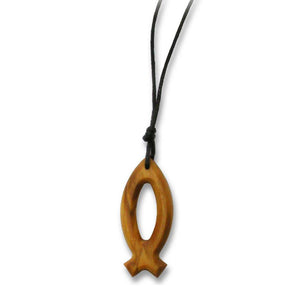 Halskette Fisch aus Olivenholz 3,5cm mit braunem Band