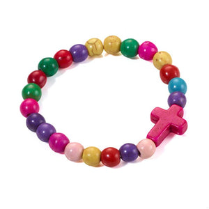 Buntes Kinderarmband mit Perlen und Kreuz pink