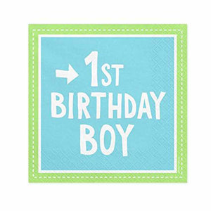 Servietten 1. Geburtstag Junge blau mit grünem Rahmen