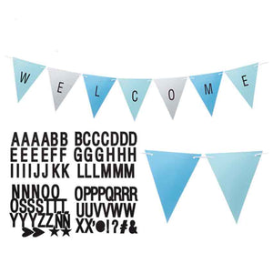 Wimpelkette blau hellblau silber DIY mit 84 Buchstabensticker und Band