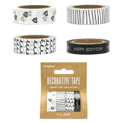 Washi Tape selbstklebend 4 Rollen schwarz weiß