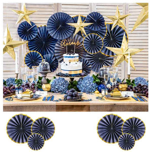 Deko-Rosetten 3 teilig marineblau mit Goldrändern