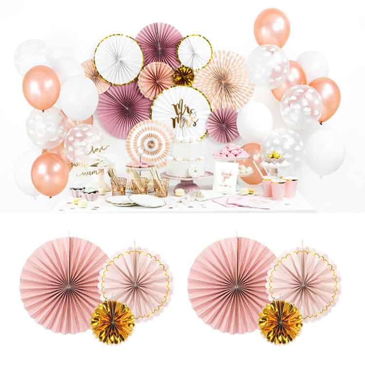 Rosetten,runde Papierdeko,Wanddekoration,Fächer,Dekofächer,Farbendekoration,Partyfächer,rosa,gold,Candybar