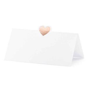 Tischkarten 10er aus weißem Papier mit roségoldenem Metallherz