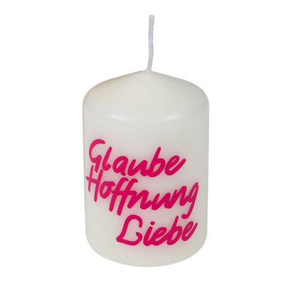 Kerze mit Text Glaube Hoffnung Liebe Spruchkerze Ø 6cm weiß pink
