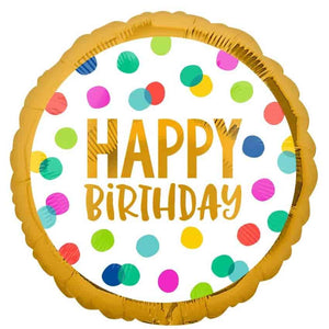 Folienballon, Heliumballon, Gasballon, runder Ballon, Happy Birthday, bunter Ballon, goldener Rand, Geburtstagsgeschenk , bunte Punkte, bunte Geburtstagsdekoration
