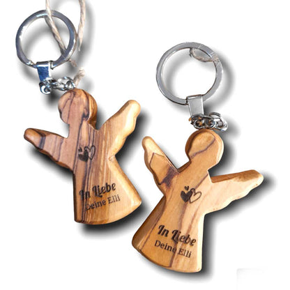 Schlüsselanhänger Engel 5 cm aus Olivenholz mit 2-seitige Gravur personalisierbar
