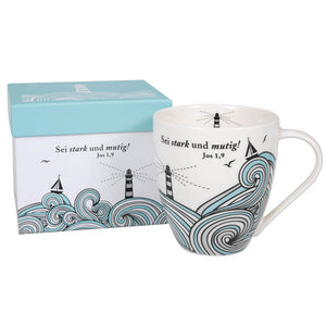 Tasse "Sei stark und mutig" Design Leuchtturm, mit Geschenkbox