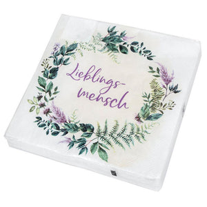 Motivservietten Vintage Lieblingsmensch 20Stk mit Vintage Blumenkranz grün und lila
