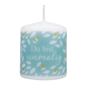 Kerze in türkis und gold mit Blätter Motiv "Du bist einmalig" 5cm
