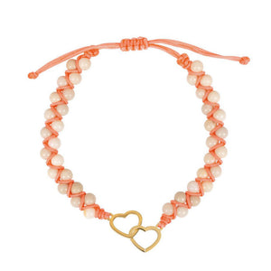 Armband geknüpft mit Steinperlen und Herz Anhänger apricot, creme, gold