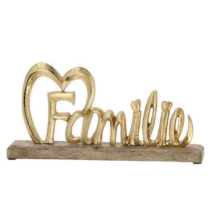 Wohnzimmer Deko gold Schriftzug Familie mit Herz 32cm auf Holzsockel